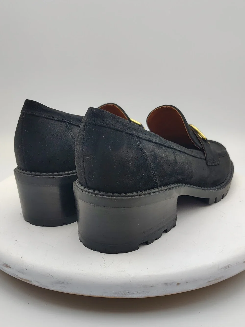 New Marc Fisher Black Suede Lug Sole Loafers with Gold Hardware Accents Size 9.5